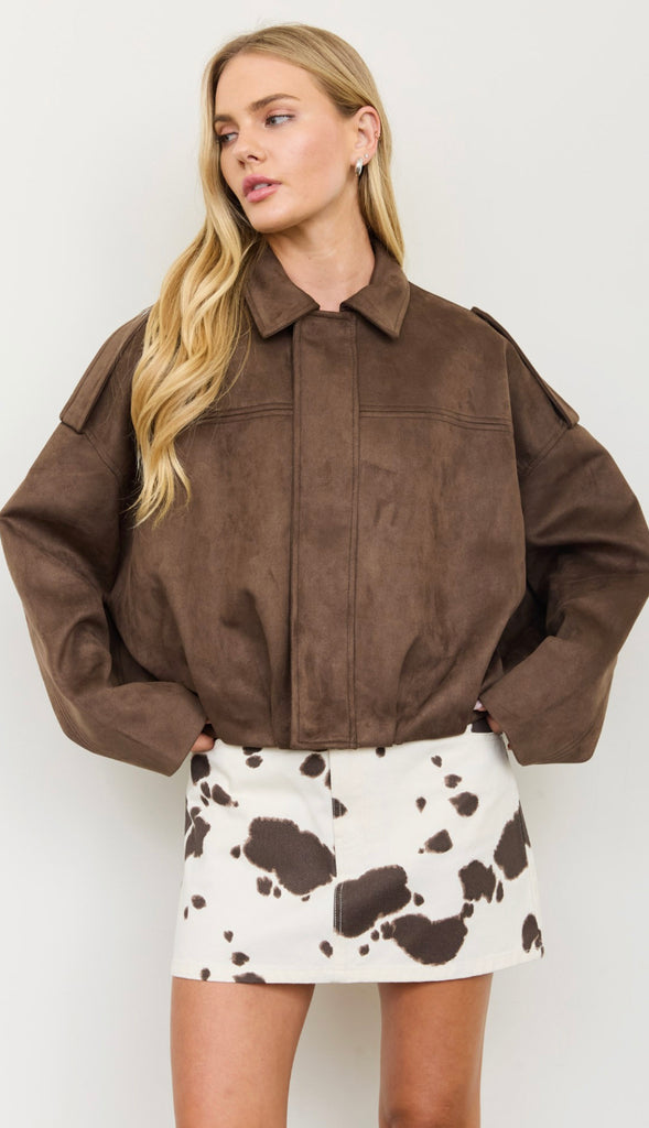 Epaulet Suede Collared Zip Up Cropped Jacket- Dark Brown