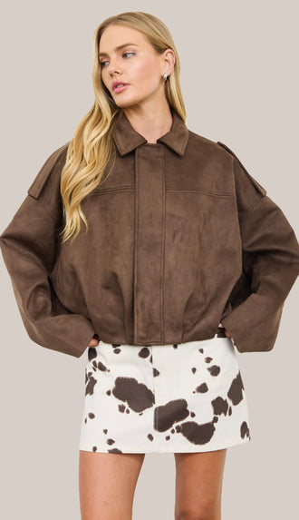 Epaulet Suede Collared Zip Up Cropped Jacket- Dark Brown