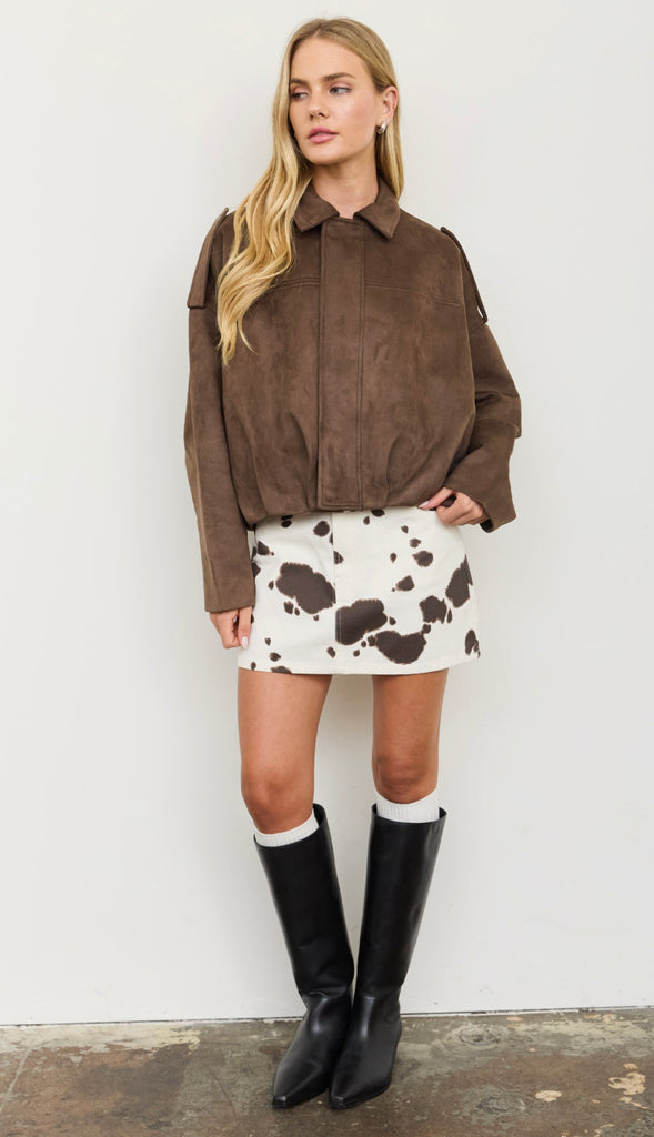 Epaulet Suede Collared Zip Up Cropped Jacket- Dark Brown