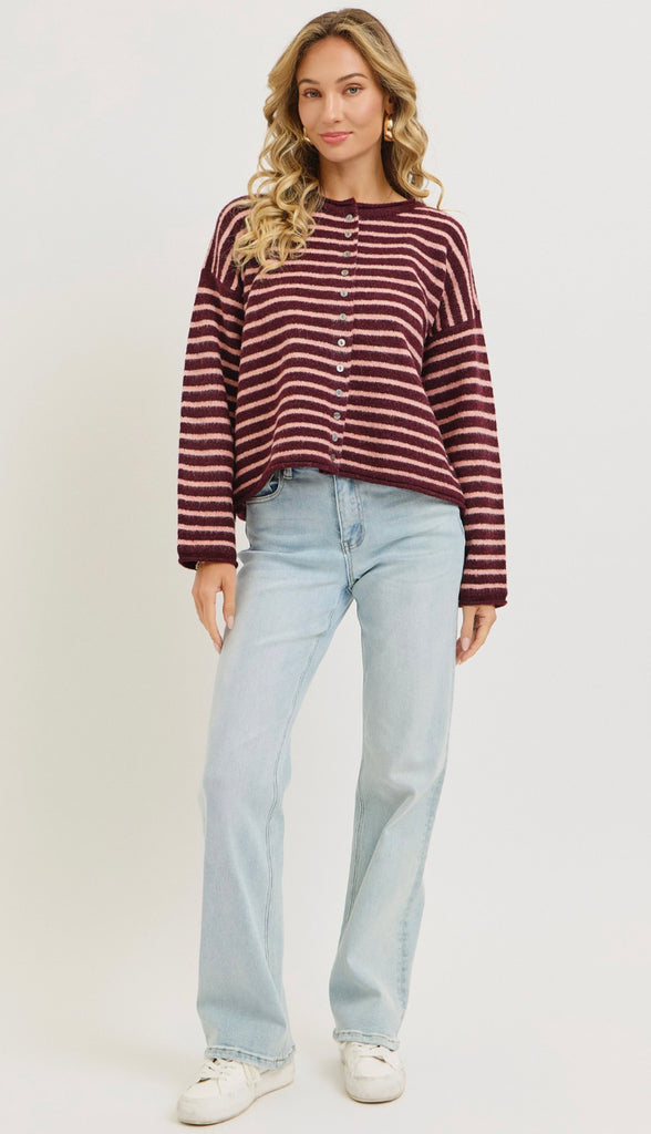 Addie Striped Cardigan Sweater- Burgundy Pink