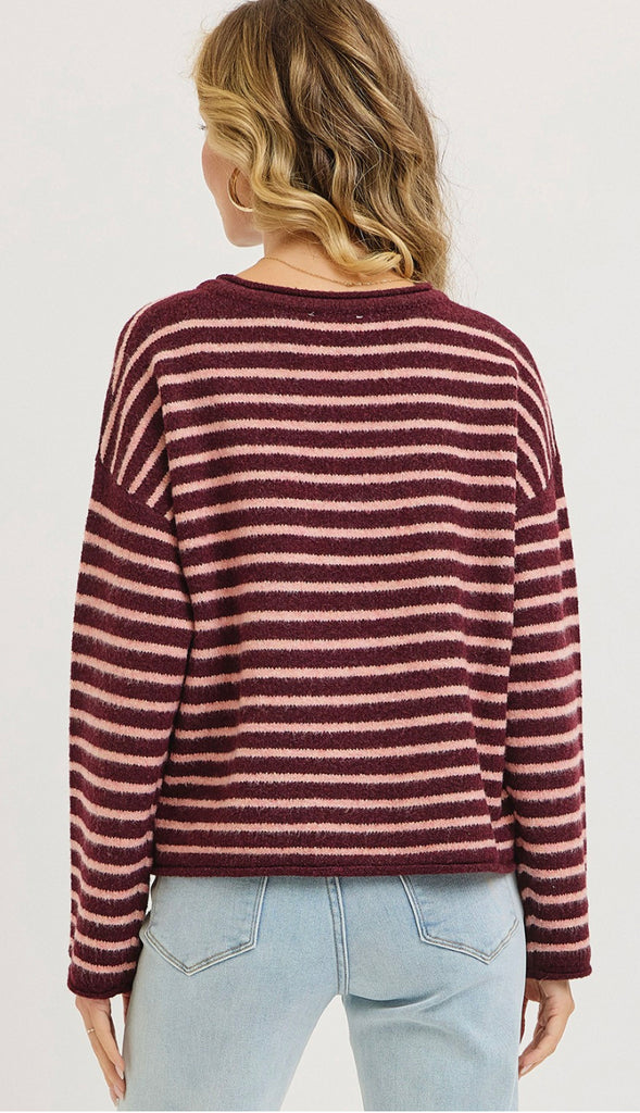 Addie Striped Cardigan Sweater- Burgundy Pink