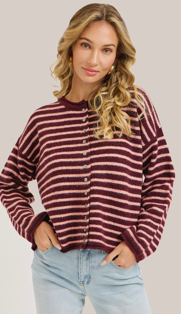 Addie Striped Cardigan Sweater- Burgundy Pink