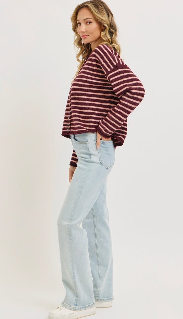 Addie Striped Cardigan Sweater- Burgundy Pink