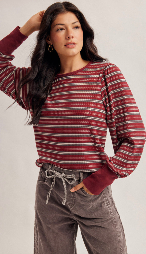 Apple Orchard Contrast Banded Stripe Shirt- Burgundy