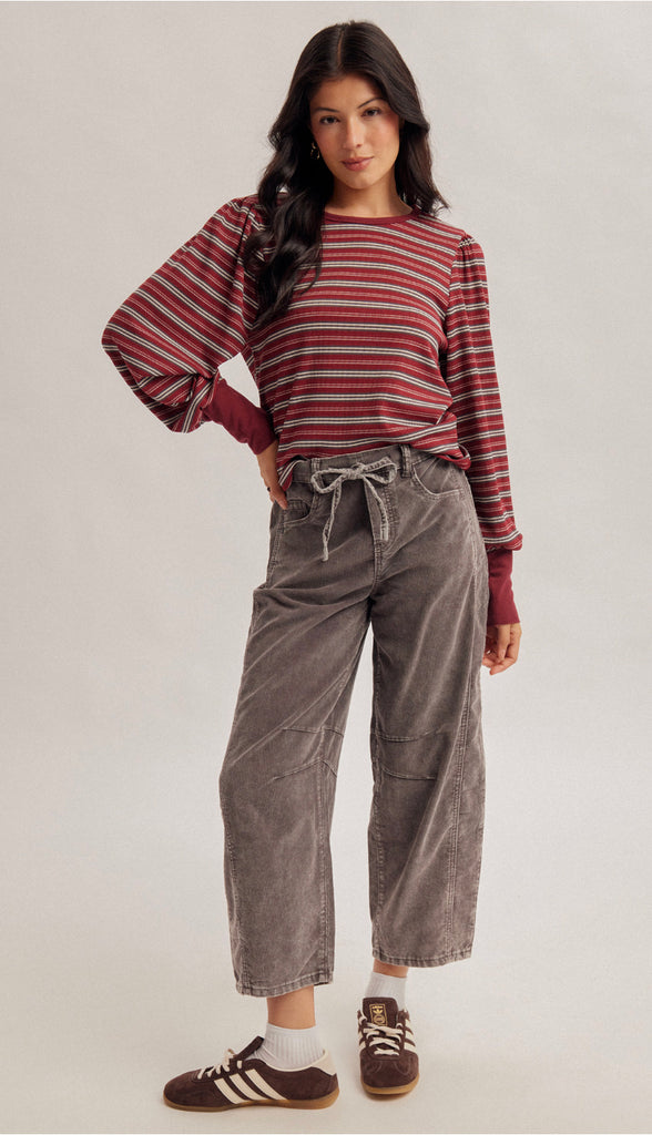 Apple Orchard Contrast Banded Stripe Shirt- Burgundy