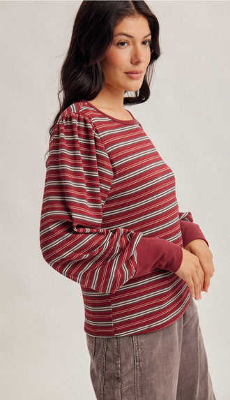 Apple Orchard Contrast Banded Stripe Shirt- Burgundy