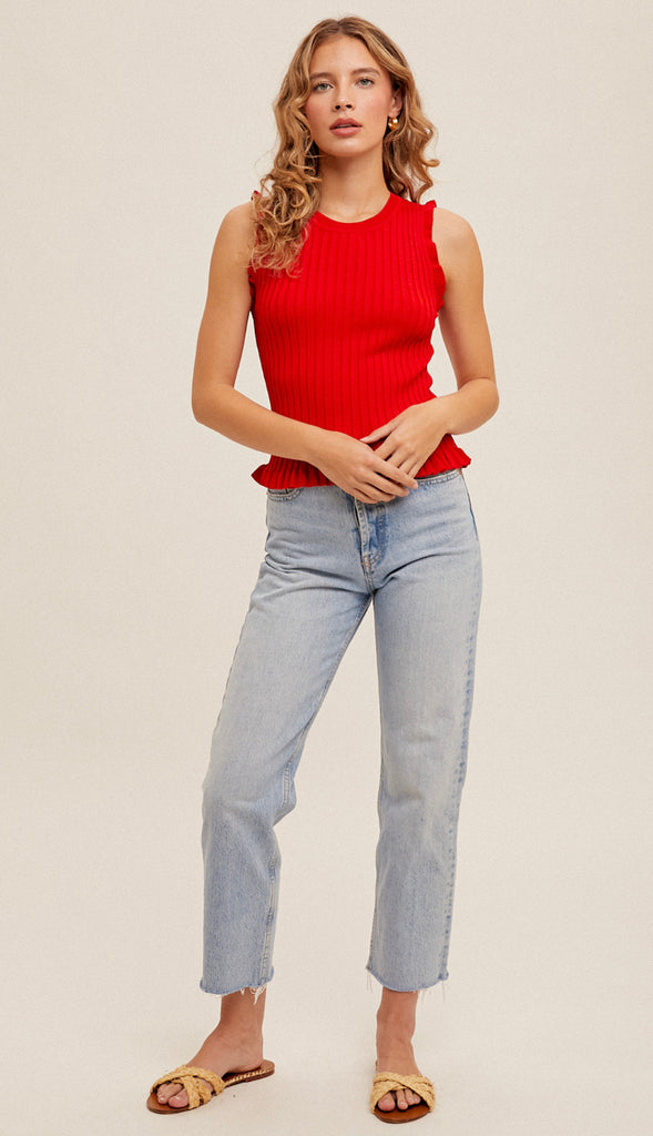 Ribbed Frill Tank- Banana Cream