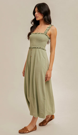 Cypress Smocked Button Front Midi Dress- Cactus Green