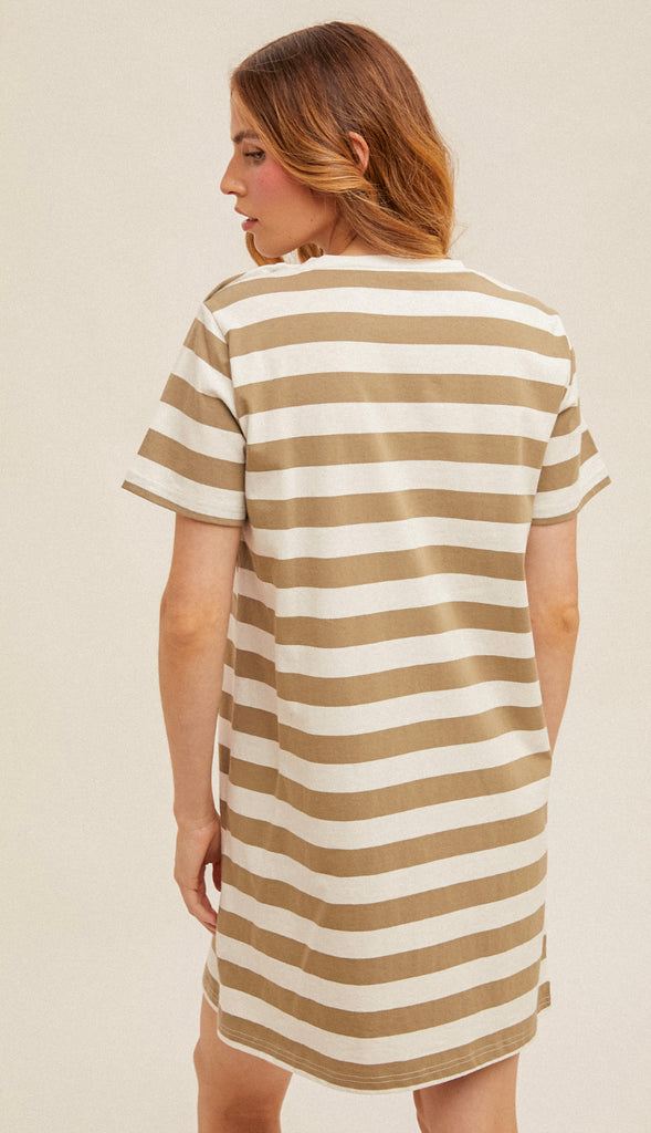 Jenna Stripe T Shirt Dress- Dusty Olive