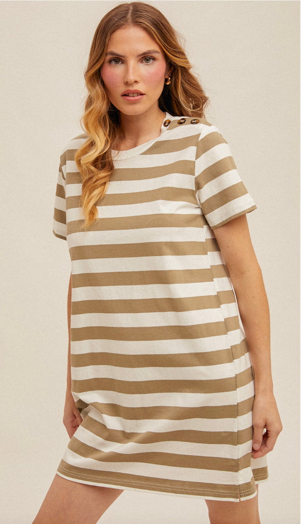 Jenna Stripe T Shirt Dress- Dusty Olive