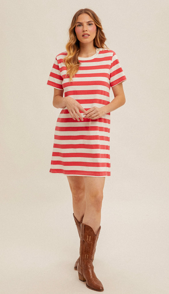 Jenna Stripe T Shirt Dress- Dusty Olive