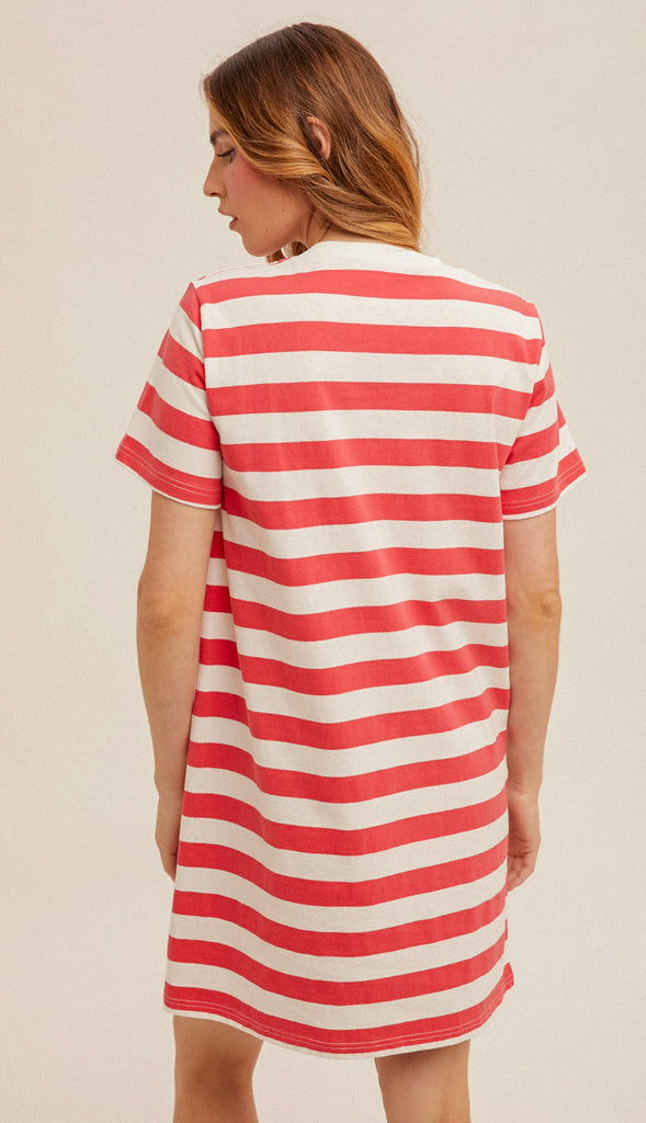 Jenna Stripe T Shirt Dress- Watermelon Pink