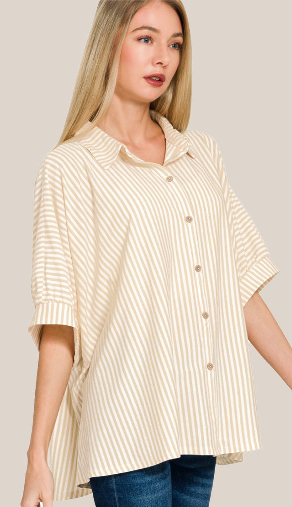 Shore Thing Oversized Striped Button Shirt- Ocean Blue
