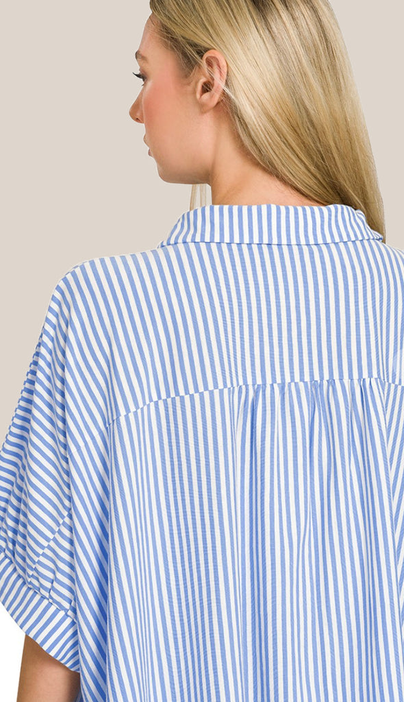Shore Thing Oversized Striped Button Shirt- Ocean Blue