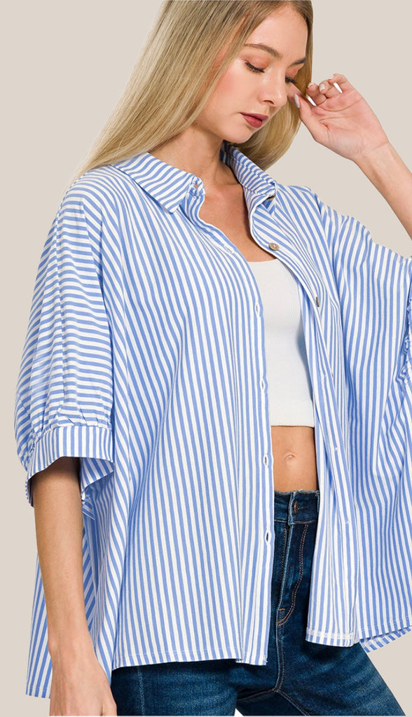Shore Thing Oversized Striped Button Shirt- Ocean Blue