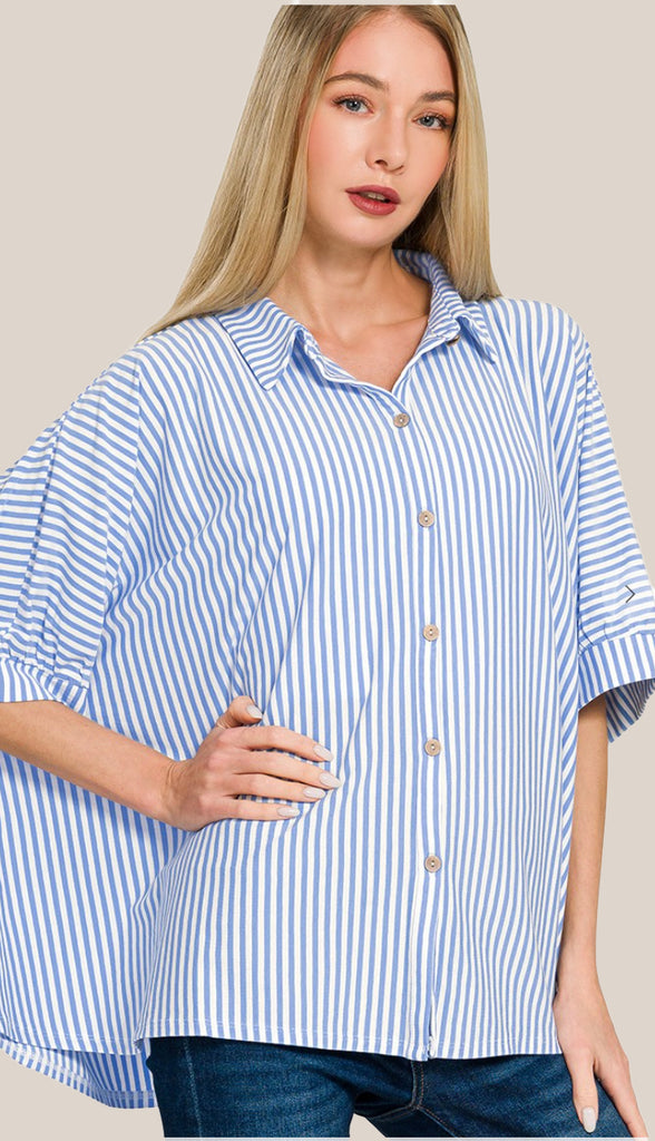 Shore Thing Oversized Striped Button Shirt- Taupe