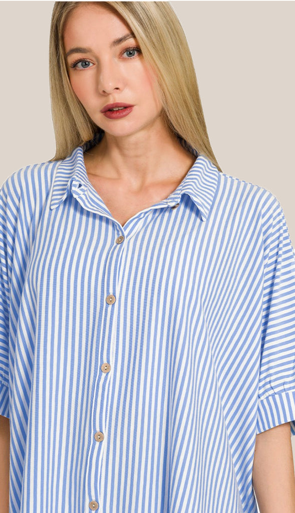 Shore Thing Oversized Striped Button Shirt- Ocean Blue
