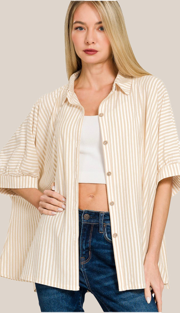 Shore Thing Oversized Striped Button Shirt- Ocean Blue