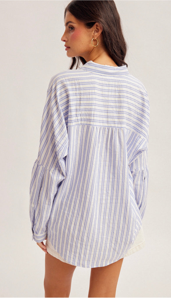 Cassie Oversized Stripe Button Down Shirt- Blue