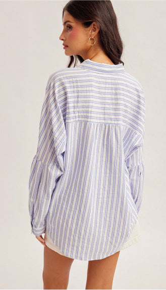 Cassie Oversized Stripe Button Down Shirt- Blue