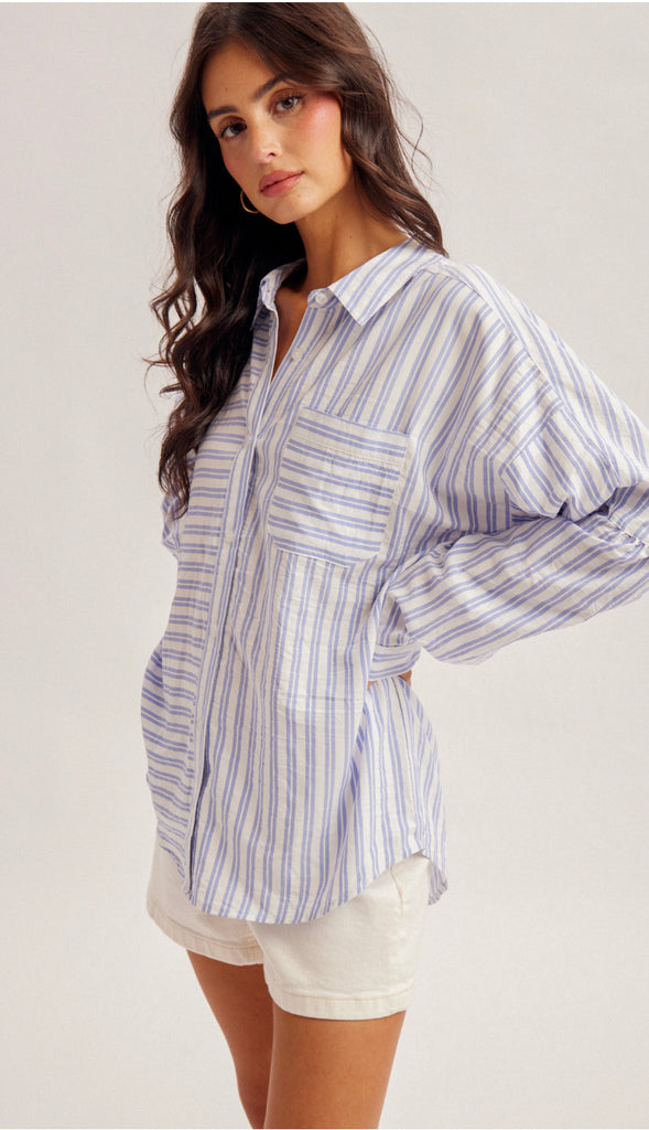 Cassie Oversized Stripe Button Down Shirt- Blue