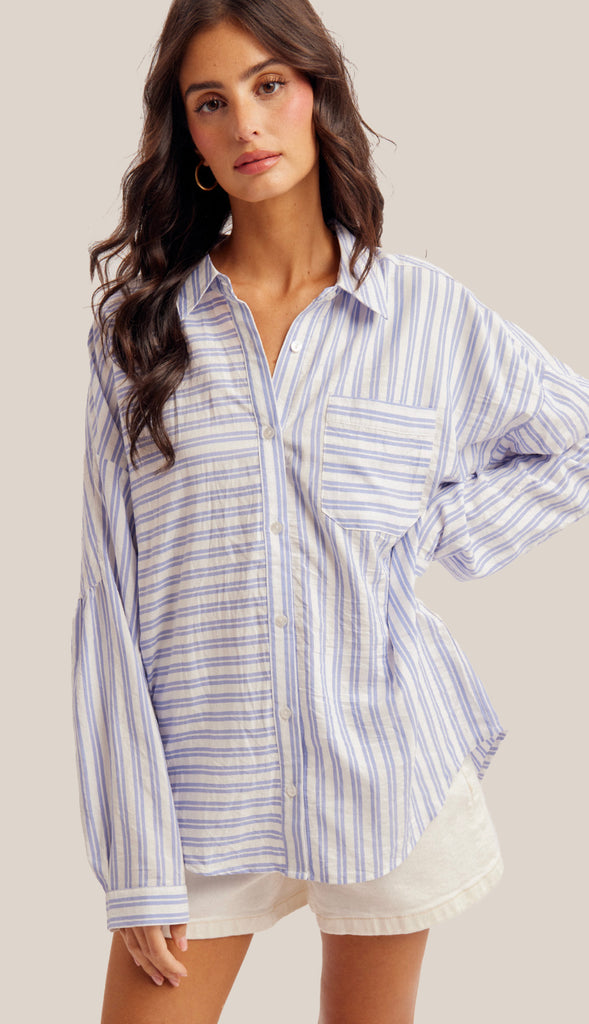 Cassie Oversized Stripe Button Down Shirt- Blue