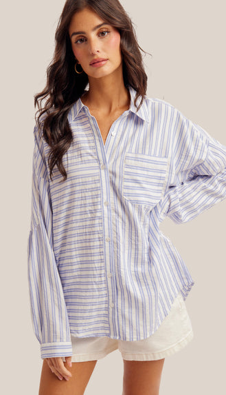Cassie Oversized Stripe Button Down Shirt- Blue