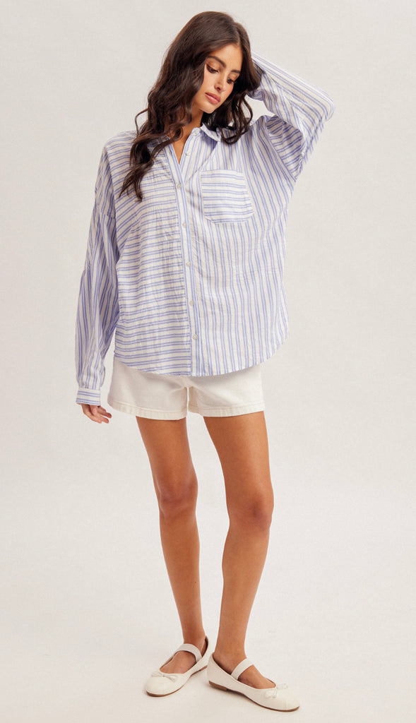 Cassie Oversized Stripe Button Down Shirt- Blue