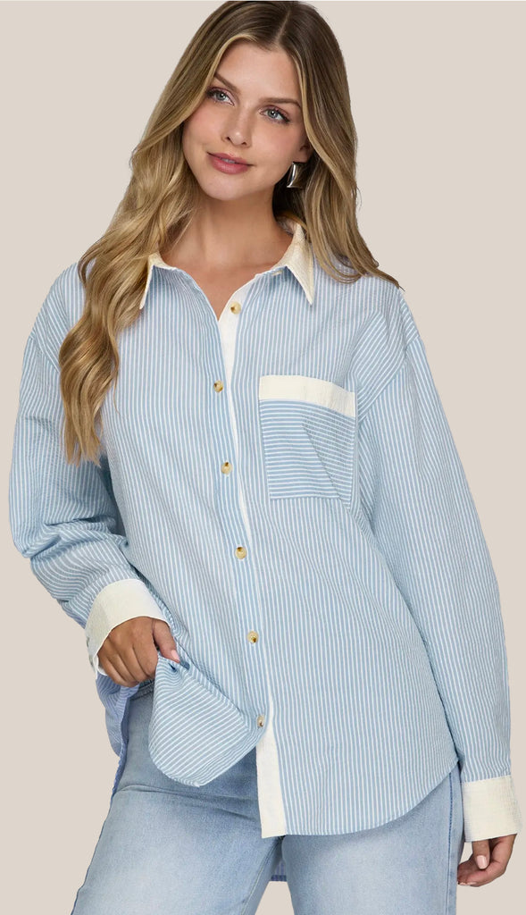 Colette Button Down Striped Shirt- Blue