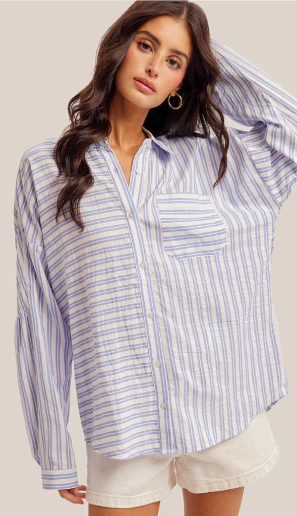 Cassie Oversized Stripe Button Down Shirt- Blue