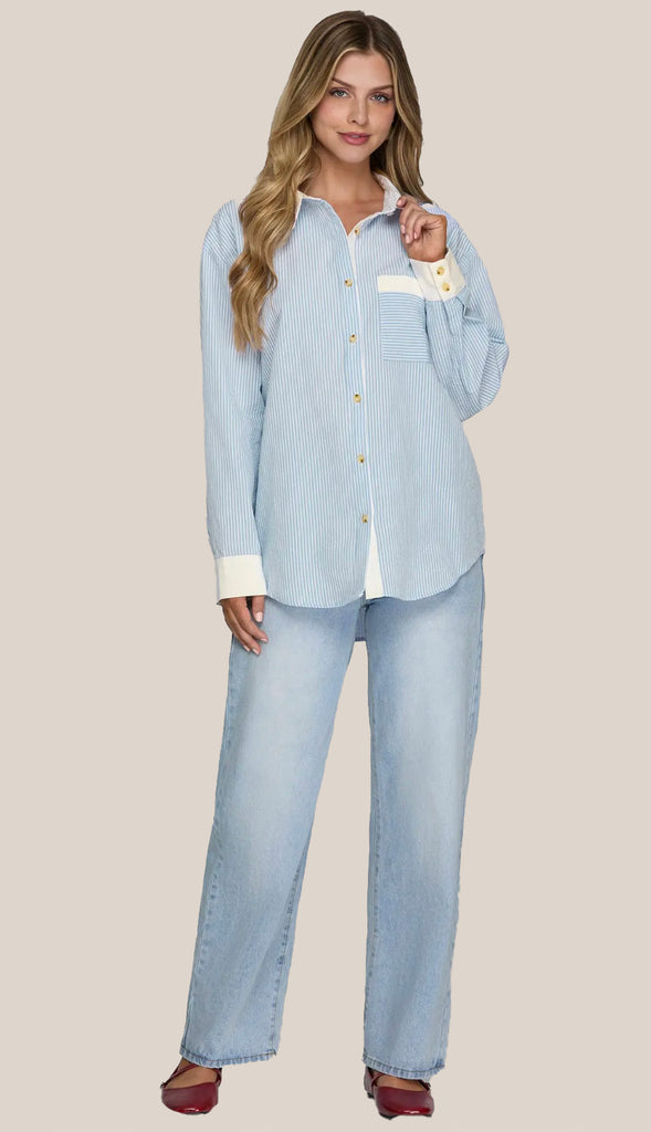 Colette Button Down Striped Shirt- Blue