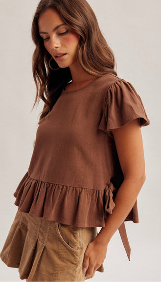 Lydia Flutter Sleeves Top- Brown