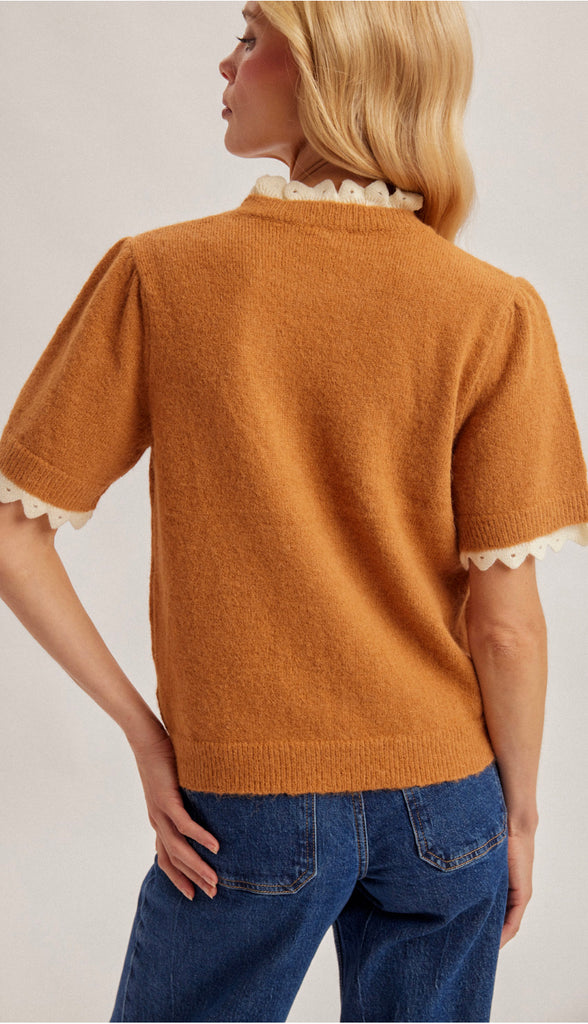 Autumn Beauty Lace Edge Lightweight Half Sleeve Sweater- Caramel
