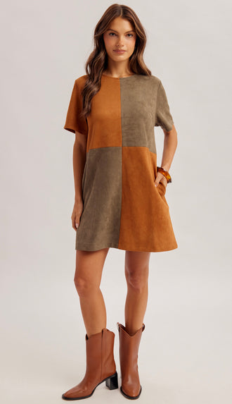 Harvest Check Colorblock Dress- Caramel/Olive