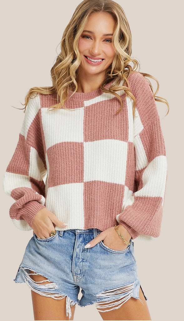 Checker Crewneck Sweater- Ivory Mocha