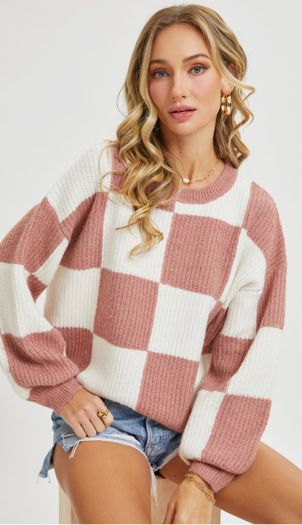 Checker Crewneck Sweater- Ivory Mocha