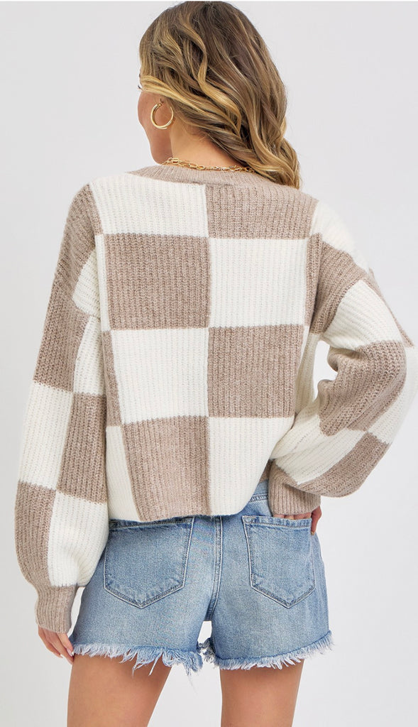 Checker Crewneck Sweater- Ivory Mauve