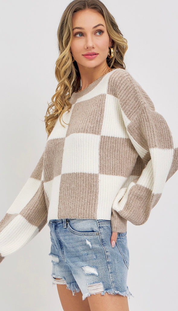 Checker Crewneck Sweater- Ivory Mocha