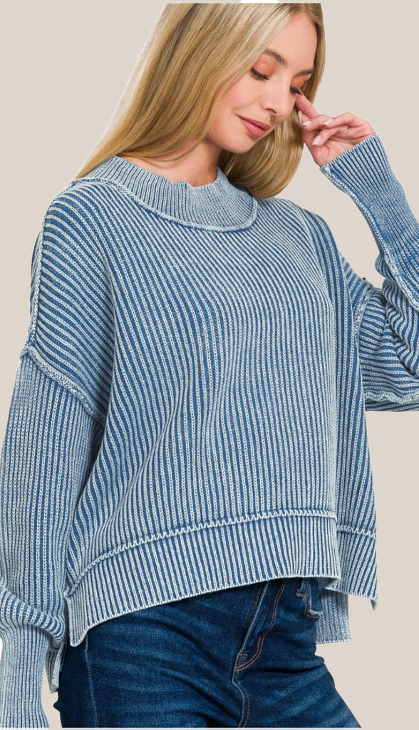Willow Washed Side Slit Oversized Cropped Sweater- Classic Blue