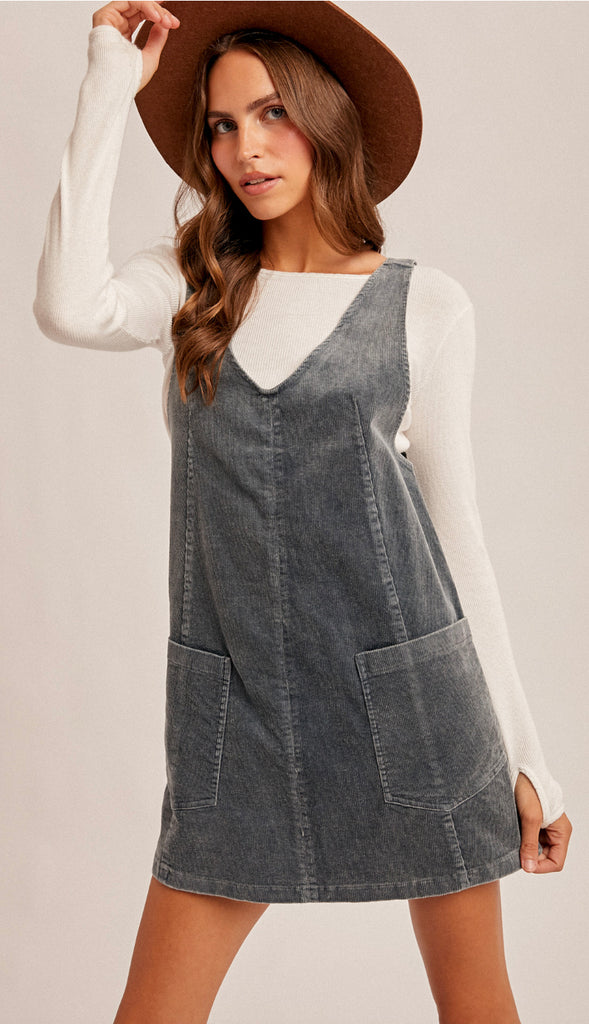 Snow Wash Corduroy Pinafore Dress- Hunter Green