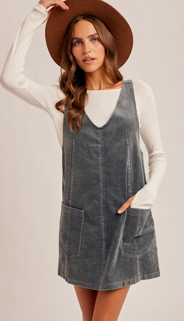 Snow Wash Corduroy Pinafore Dress- Raspberry