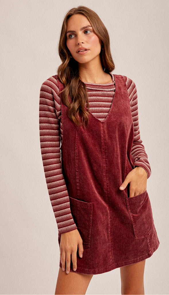 Snow Wash Corduroy Pinafore Dress- Hunter Green