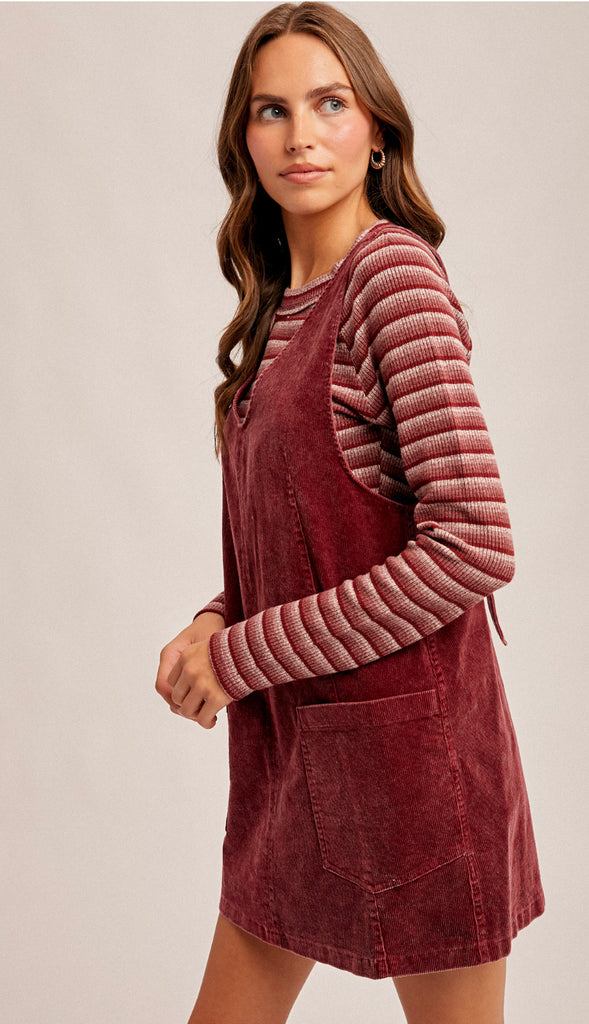 Snow Wash Corduroy Pinafore Dress- Hunter Green