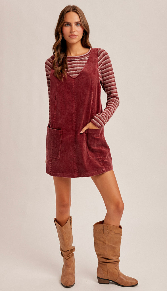 Snow Wash Corduroy Pinafore Dress- Hunter Green