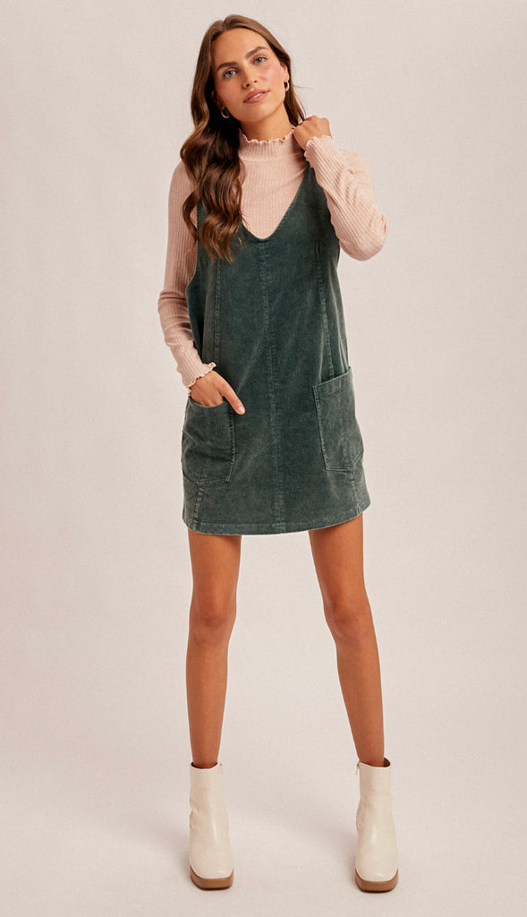 Snow Wash Corduroy Pinafore Dress- Washed Teal