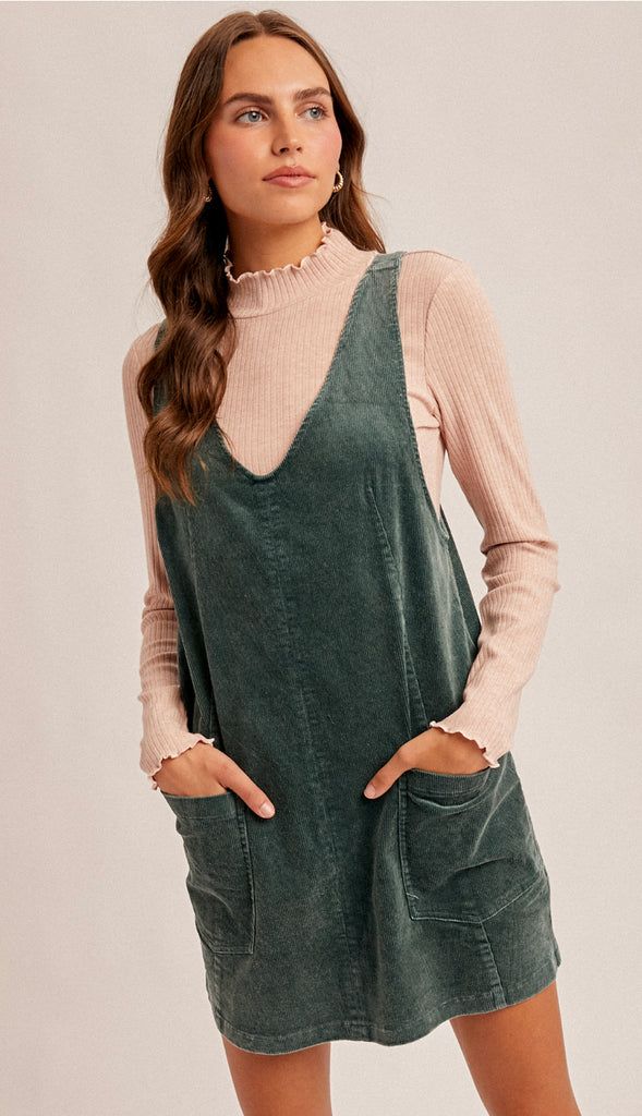 Snow Wash Corduroy Pinafore Dress- Washed Teal