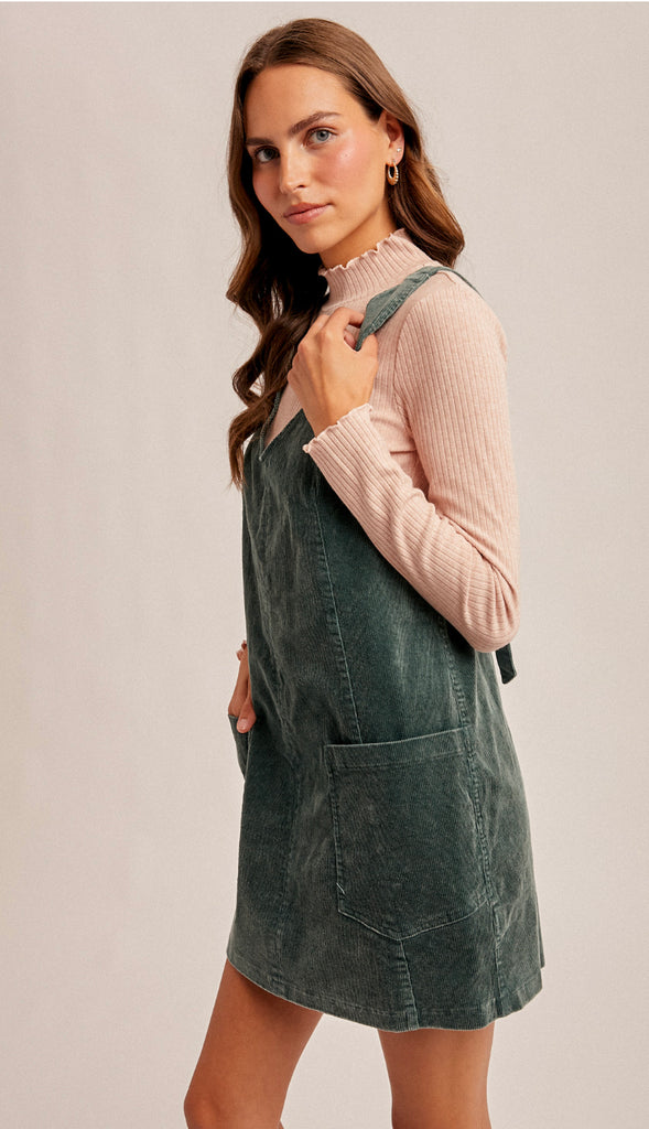 Snow Wash Corduroy Pinafore Dress- Hunter Green