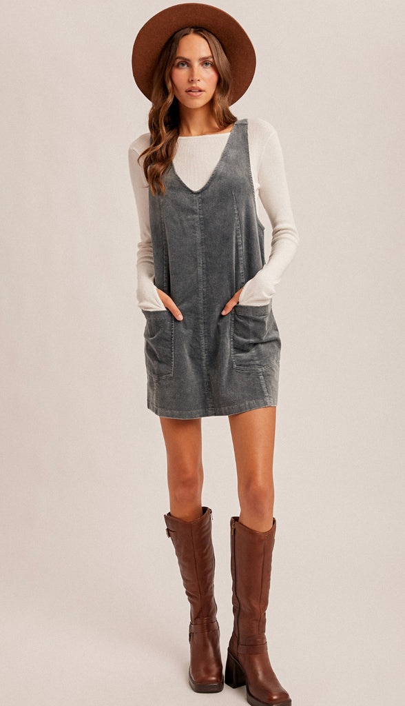 Snow Wash Corduroy Pinafore Dress- Washed Teal