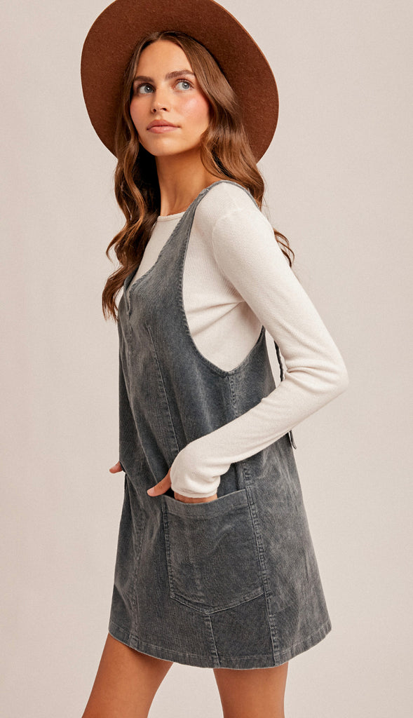 Snow Wash Corduroy Pinafore Dress- Washed Teal