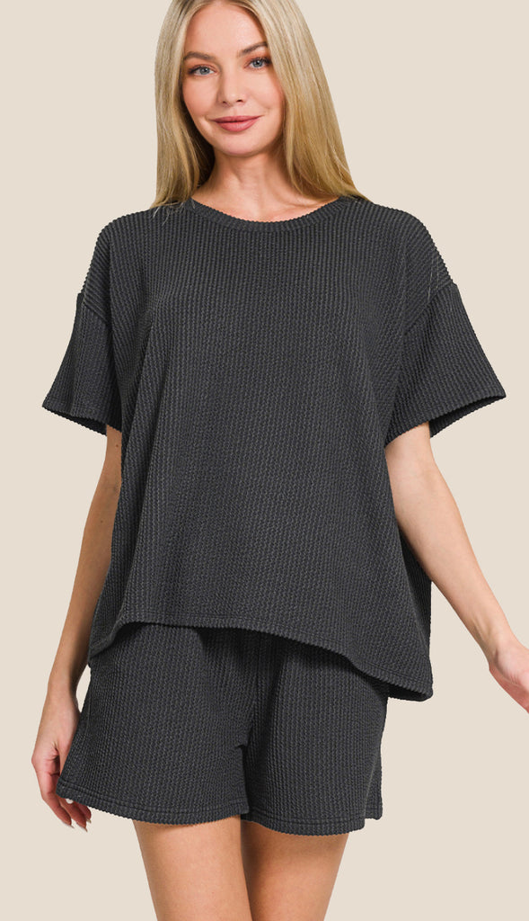 Everyday Girl Corded Ribbed Tee And Shorts Set- Dusty Blue